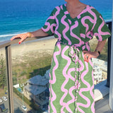 Green + highlighter pink linen kaftan dress - (Long or Short)