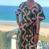 Green + highlighter pink linen kaftan dress - (Long or Short)
