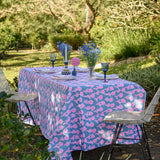 Highlighter pink + blue Poppies linen tablecloth