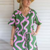 Green + highlighter pink linen kaftan dress - (Long or Short)