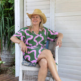 Green + highlighter pink linen kaftan dress - (Long or Short)