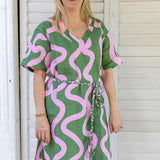 Green + highlighter pink linen kaftan dress - (Long or Short)
