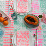 Aqua, highlighter pink + flamingo Barley Twist linen tablecloth