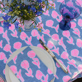 Highlighter pink + blue Poppies linen tablecloth
