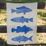 Cobalt Fish linen tea towel (Natural and off-white)
