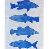 Cobalt Fish linen tea towel (Natural and off-white)