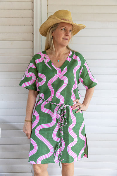 Green + highlighter pink linen kaftan dress - (Long or Short)