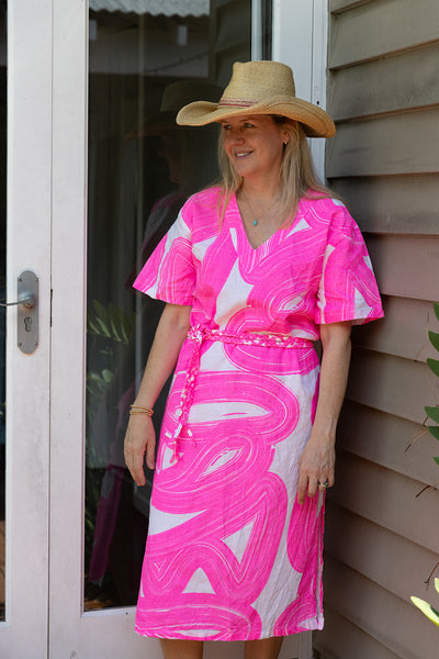 Highlighter pink Graffiti linen kaftan dress - Long or short