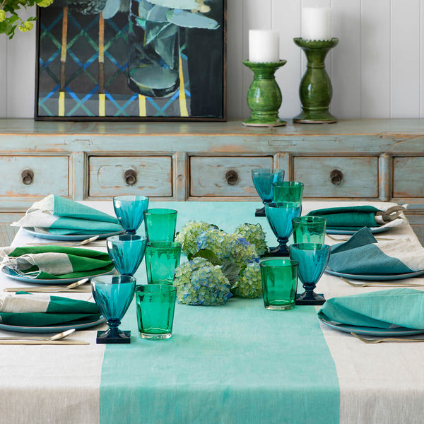 Aqua Colourblock linen tablecloth