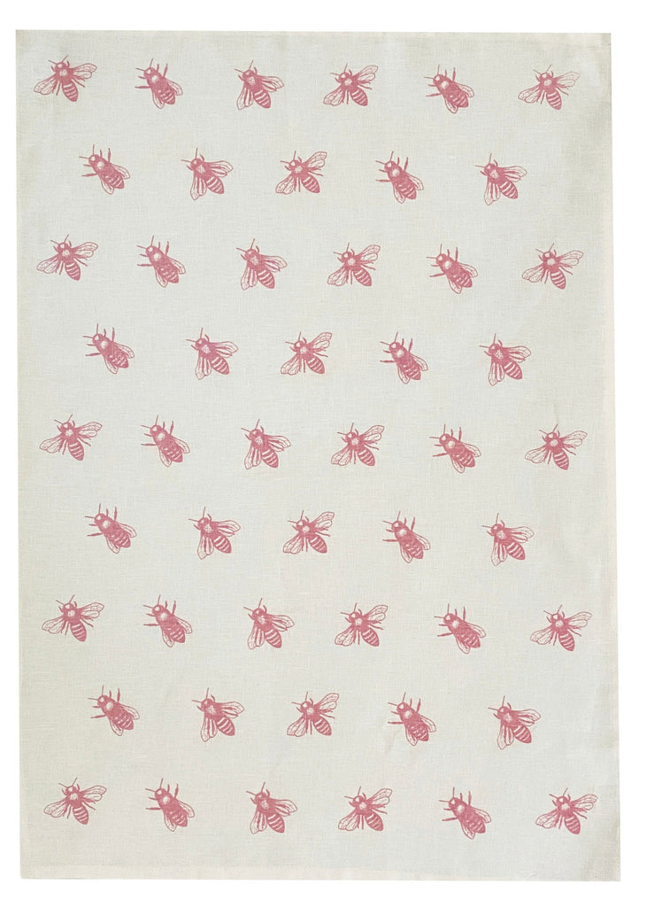 Pink Bees linen tea towel (Natural and off-white)