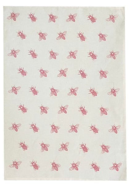 Pink Bees linen tea towel (Natural and off-white)