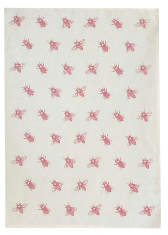 Pink Bees linen tea towel (Natural and off-white)