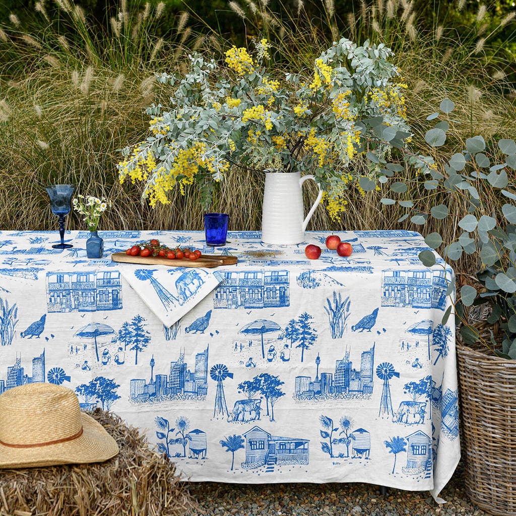 Blue Bush and the Big smoke linen tablecloth