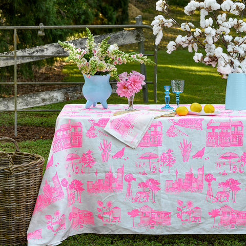 Highlighter pink Bush and the Big smoke linen tablecloth