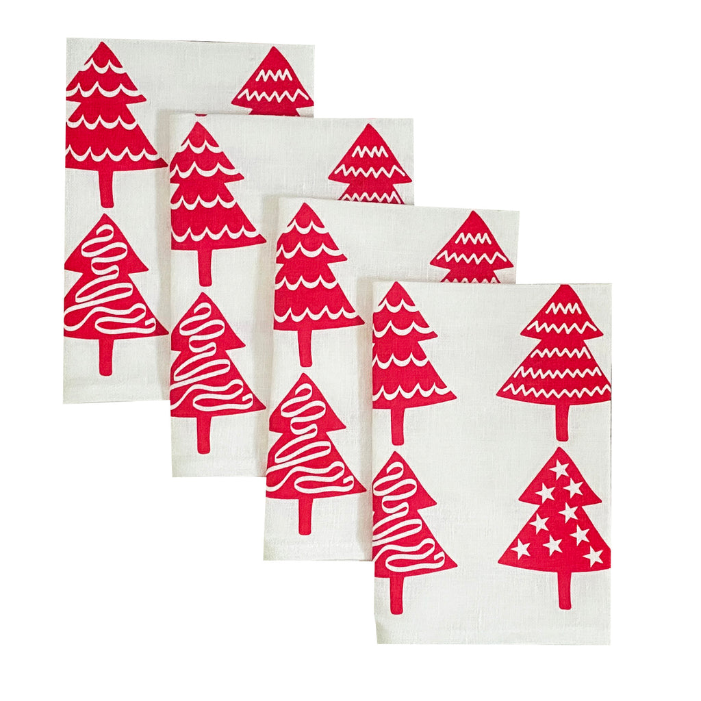 Red Christmas trees linen napkins (set of 4)