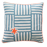 Blue + neon orange Capri linen cushion 50cm