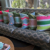 Blue + neon orange Small scale Capri linen cushion 45cm