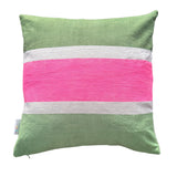 Racing Stripe cushion - Greens + highlighter pink on white 50cm