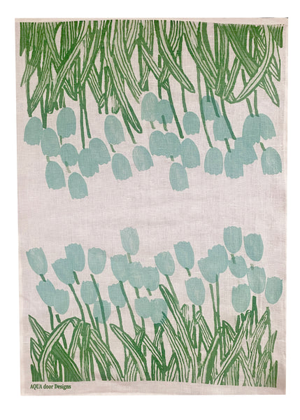 Duckegg + green Tulips linen tea towel (Natural and off-white)