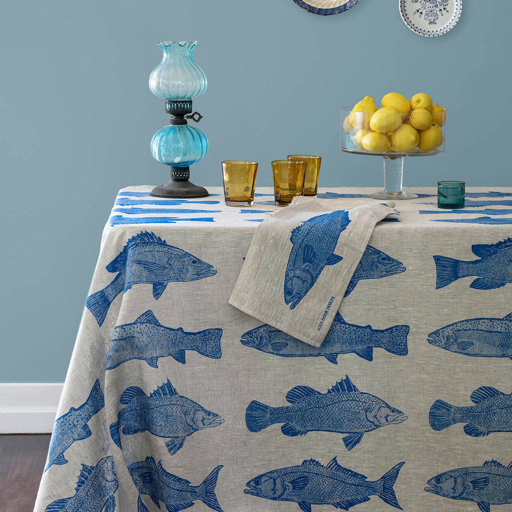 Cobalt Fish linen tablecloth