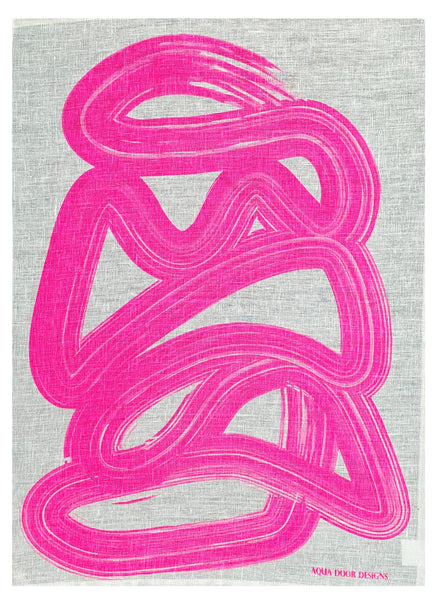 Highlighter pink Graffiti linen tea towel (Natural and off-white)