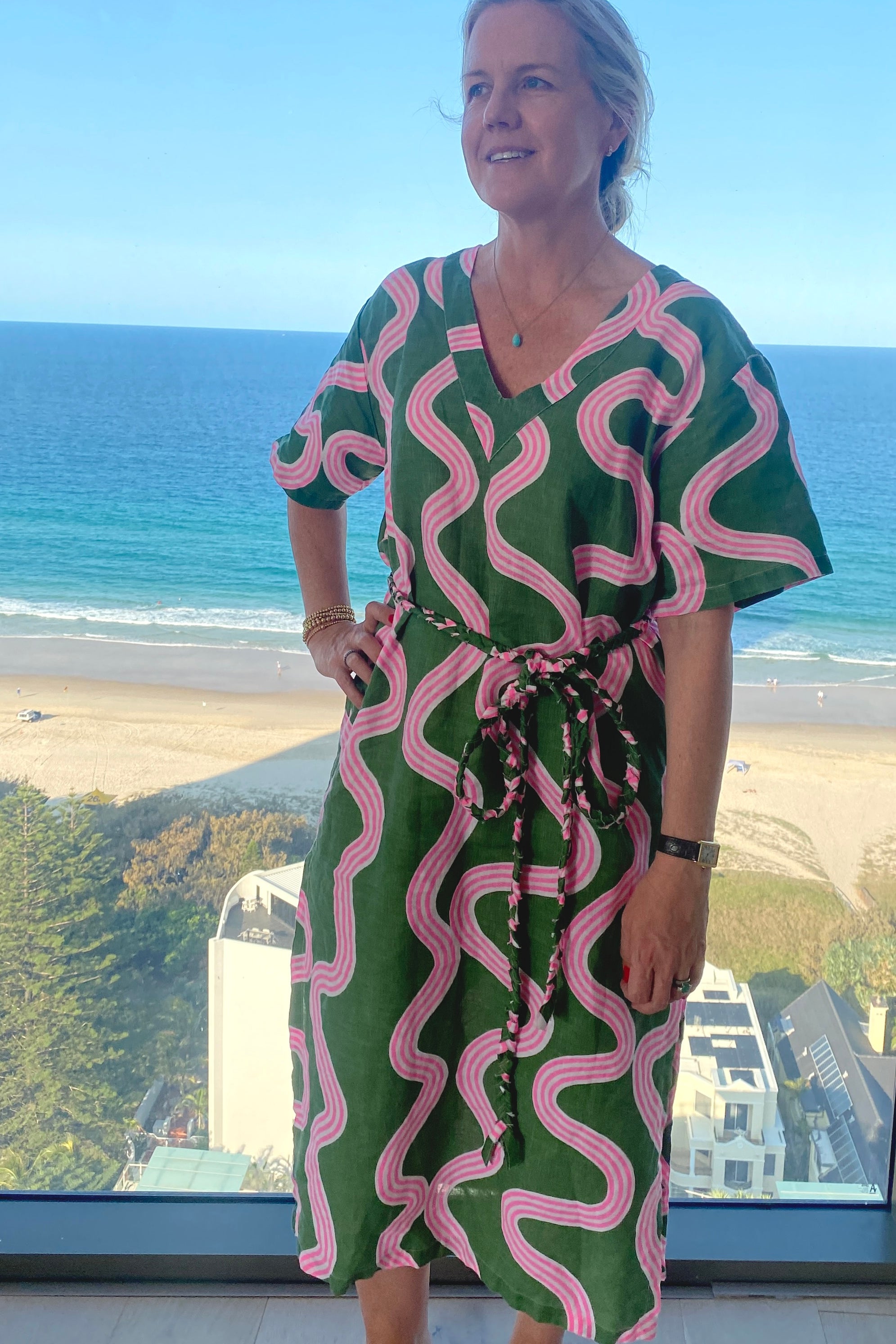 Green + highlighter pink linen kaftan dress - (Long or Short)