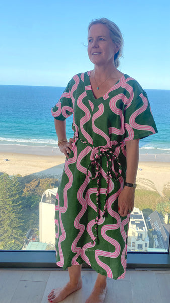 Green + highlighter pink linen kaftan dress - Long