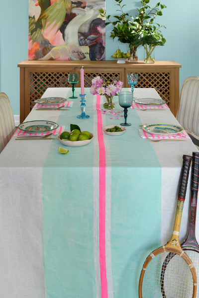 Aqua + highlighter pink Tennis stripe linen tablecloth