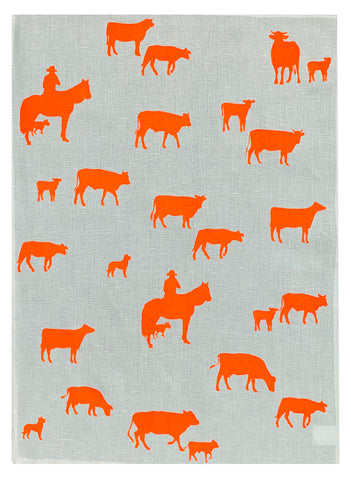 Neon orange Muster linen tea towel (Natural and off-white)