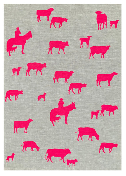 Neon pink Muster linen tea towel (Natural and off-white)