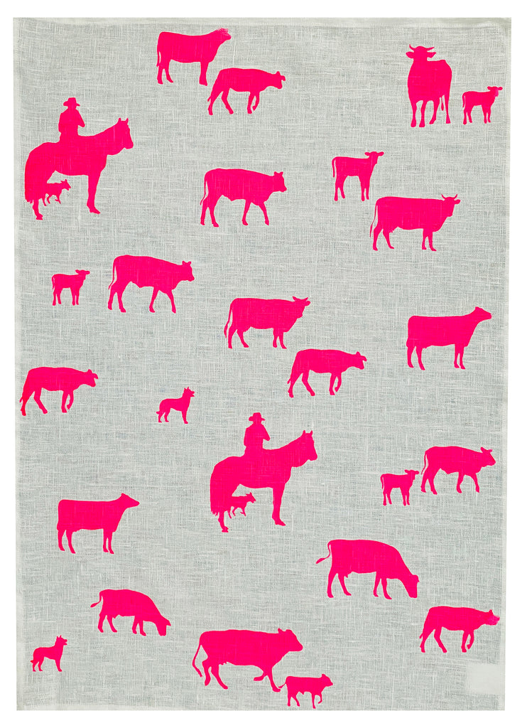 Neon pink Muster linen tea towel (Natural and off-white)