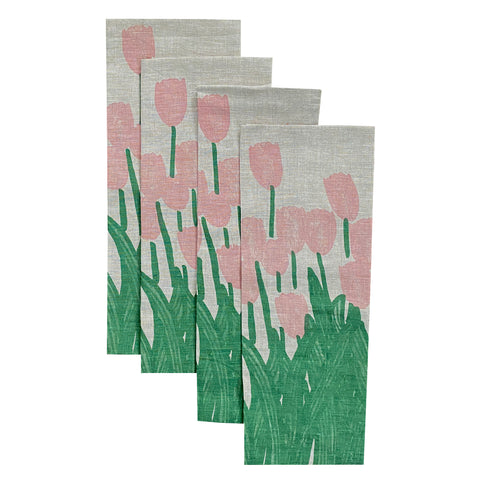 Pink + green Tulips linen napkins (set of 4)