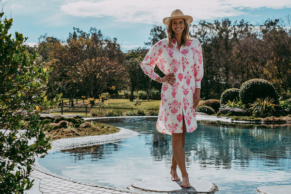 Aqua door Designs x Goondiwindi Cotton pink Vase relaxed beach dress