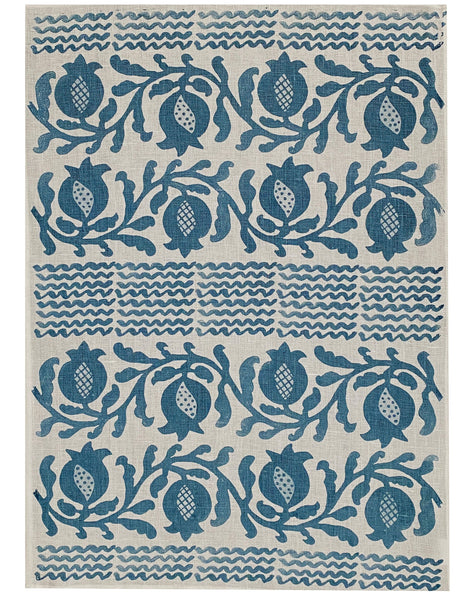 Linen Tea Towel - Blue Pomegranate (Natural and off-white)