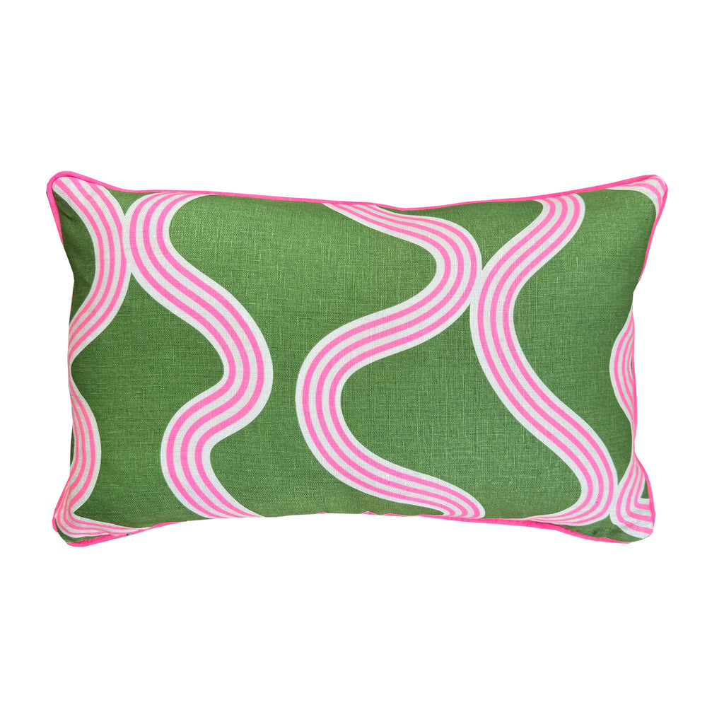 Spaghetti lumbar cushion in green + highlighter pink