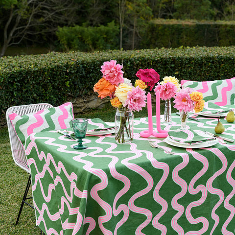 Green + highlighter pink Spaghetti linen tablecloth