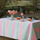 Aqua, highlighter pink + flamingo Barley Twist linen tablecloth