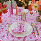 Red + pink Poppies linen tablecloth