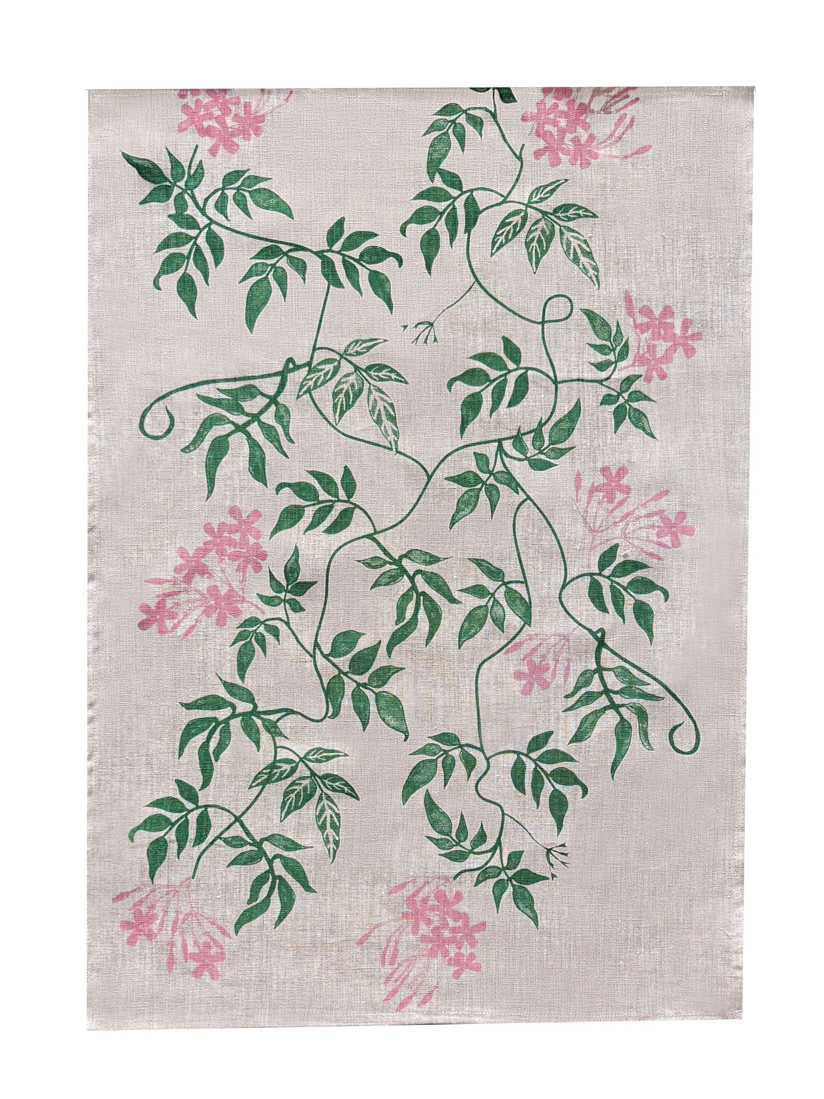 Green + pink Jasmine linen tea towel (Natural and off-white)