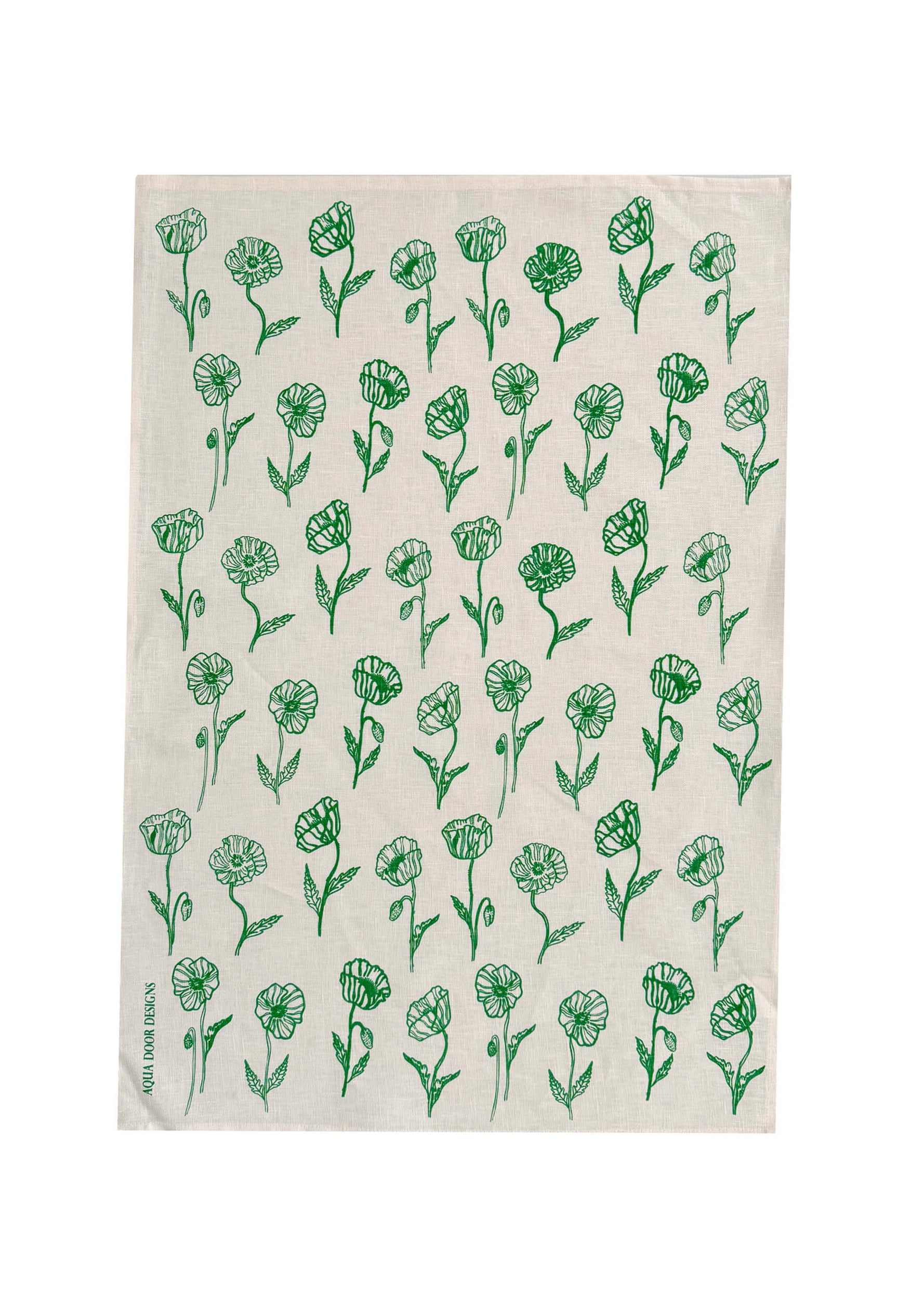 Green Poppies linen tea towel (Natural and off-white)