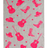 Neon Pink Stars + Guitars linen tea towel (Natural and off-white)