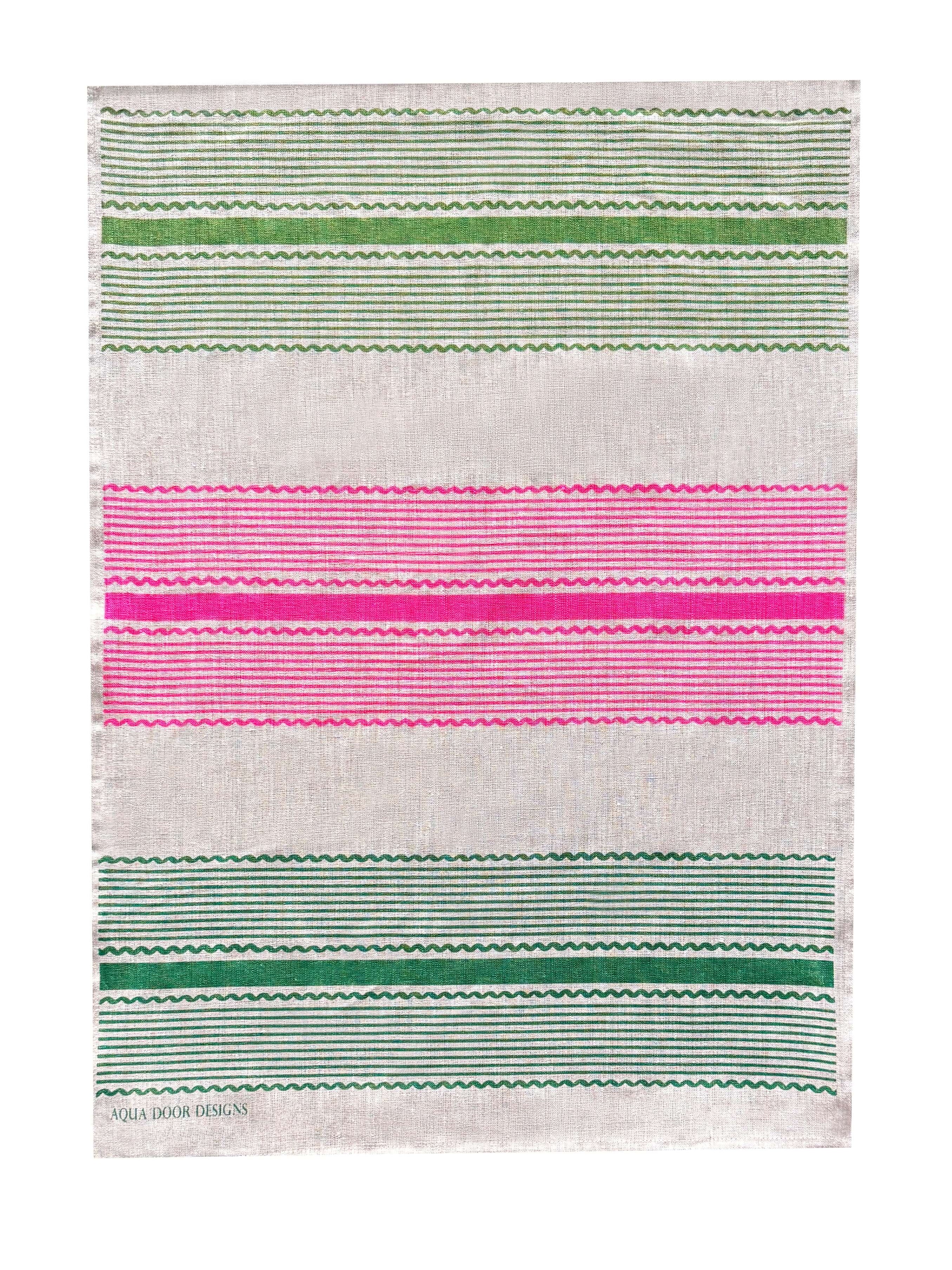 Tuxedo Stripe basil green, neon pink + balyleaf green linen tea towel (Natural and off-white)