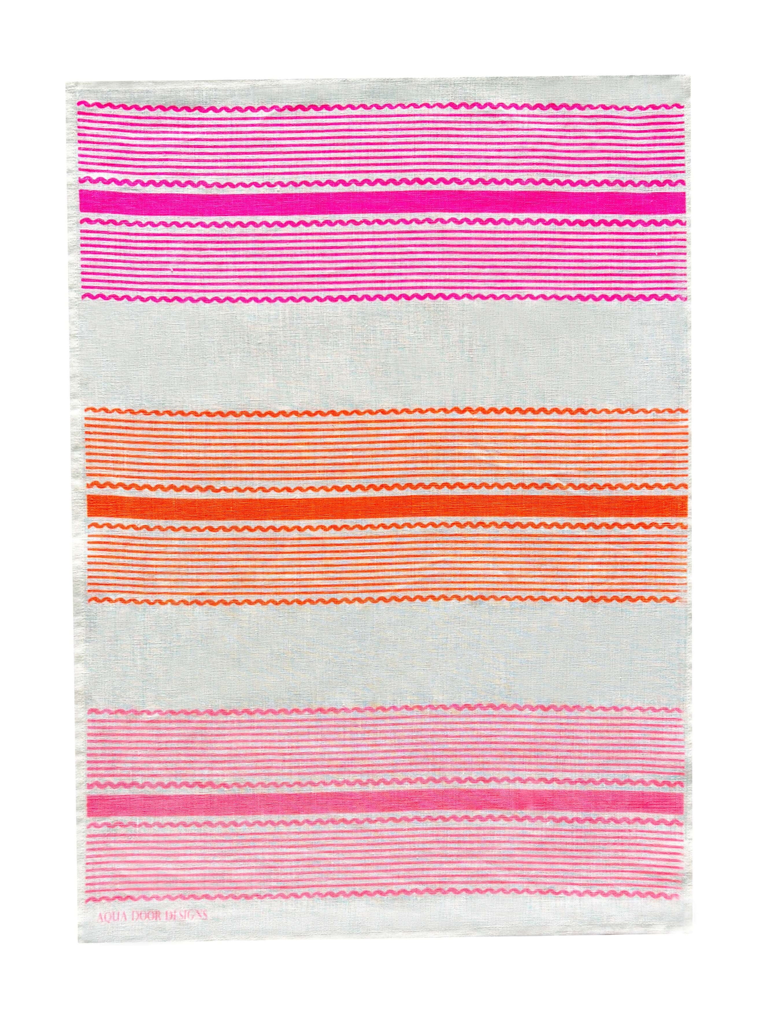 Tuxedo Stripe neon crimson, neon orange + flamingo linen tea towel (Natural and off-white)