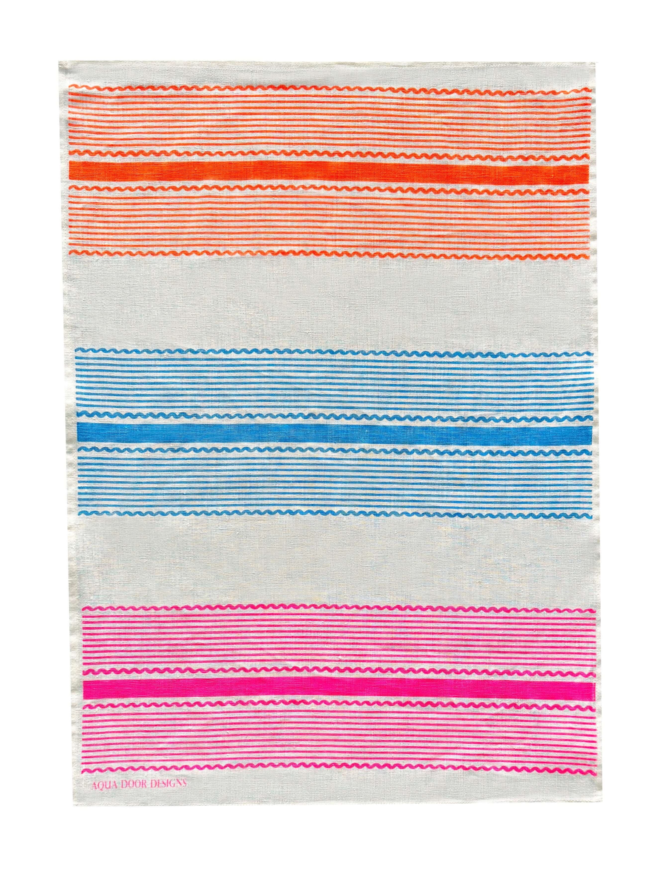 Tuxedo Stripe neon orange, sky blue + highlighter pink linen tea towel (Natural and off-white)