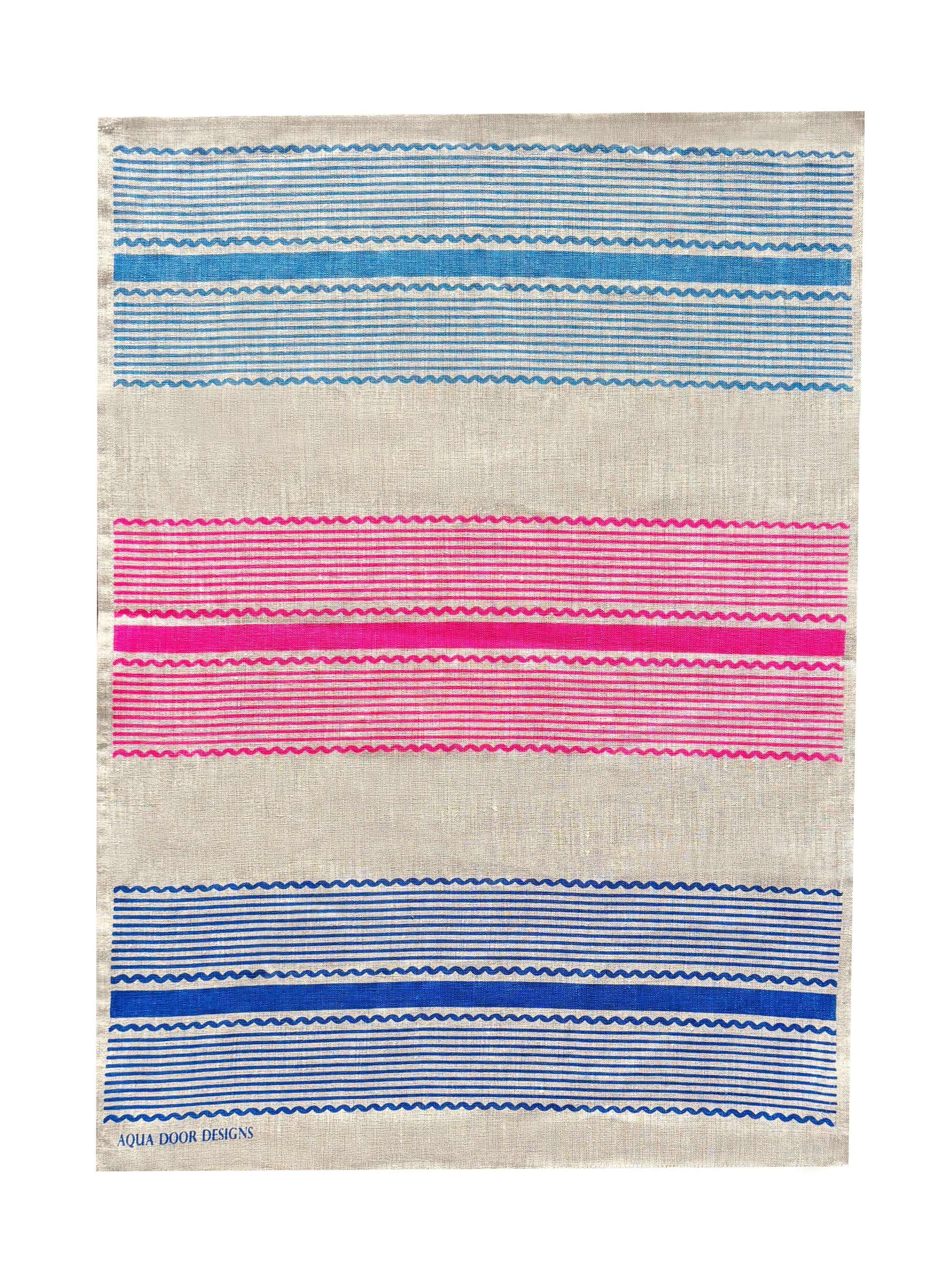 Tuxedo Stripe sky blue, neon crimson + cobalt linen tea towel (Natural and off-white)
