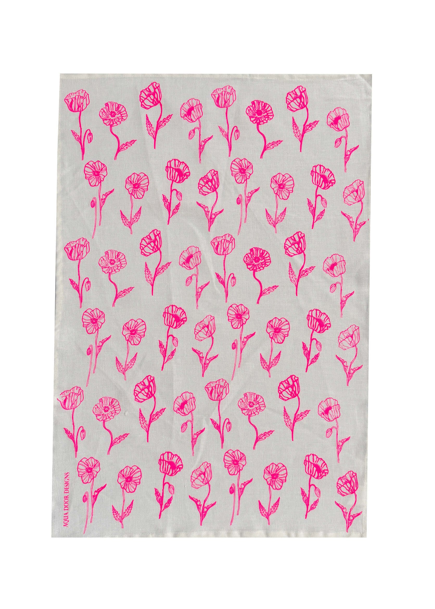 Highlighter pink Poppies linen tea towel (Natural and off-white)