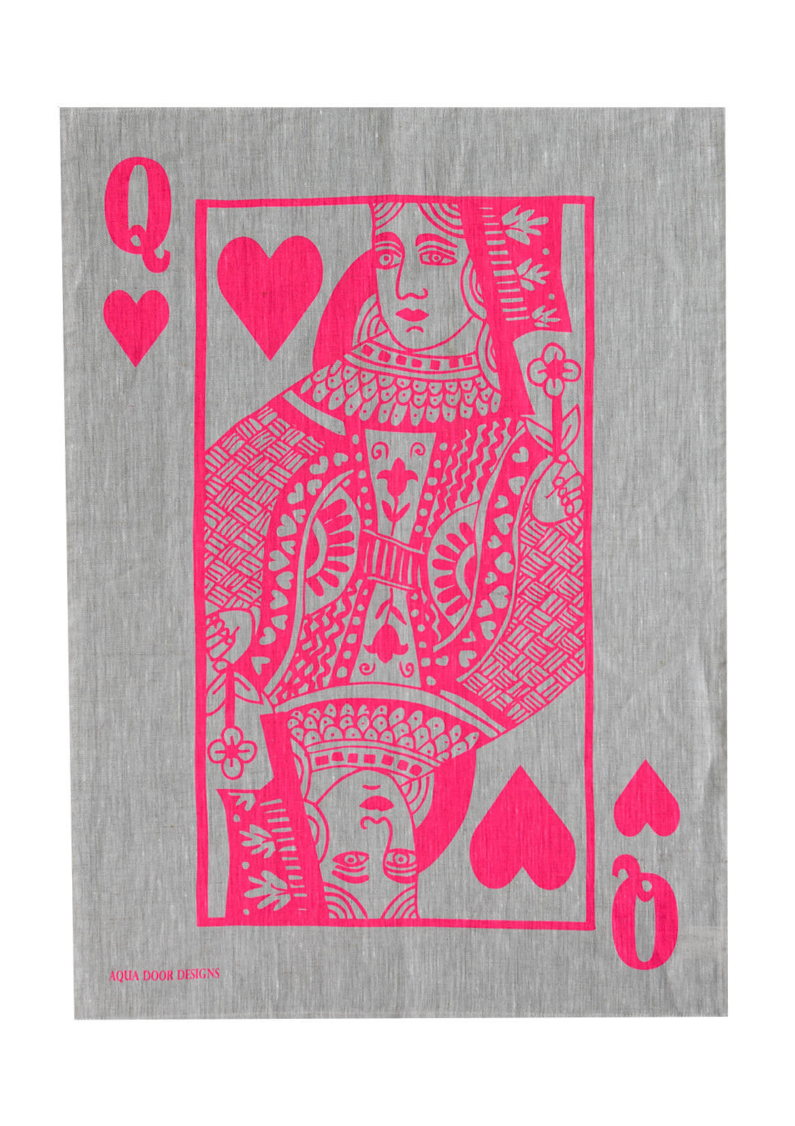 Neon pink Queen of Hearts linen tea towel (Natural and off-white)