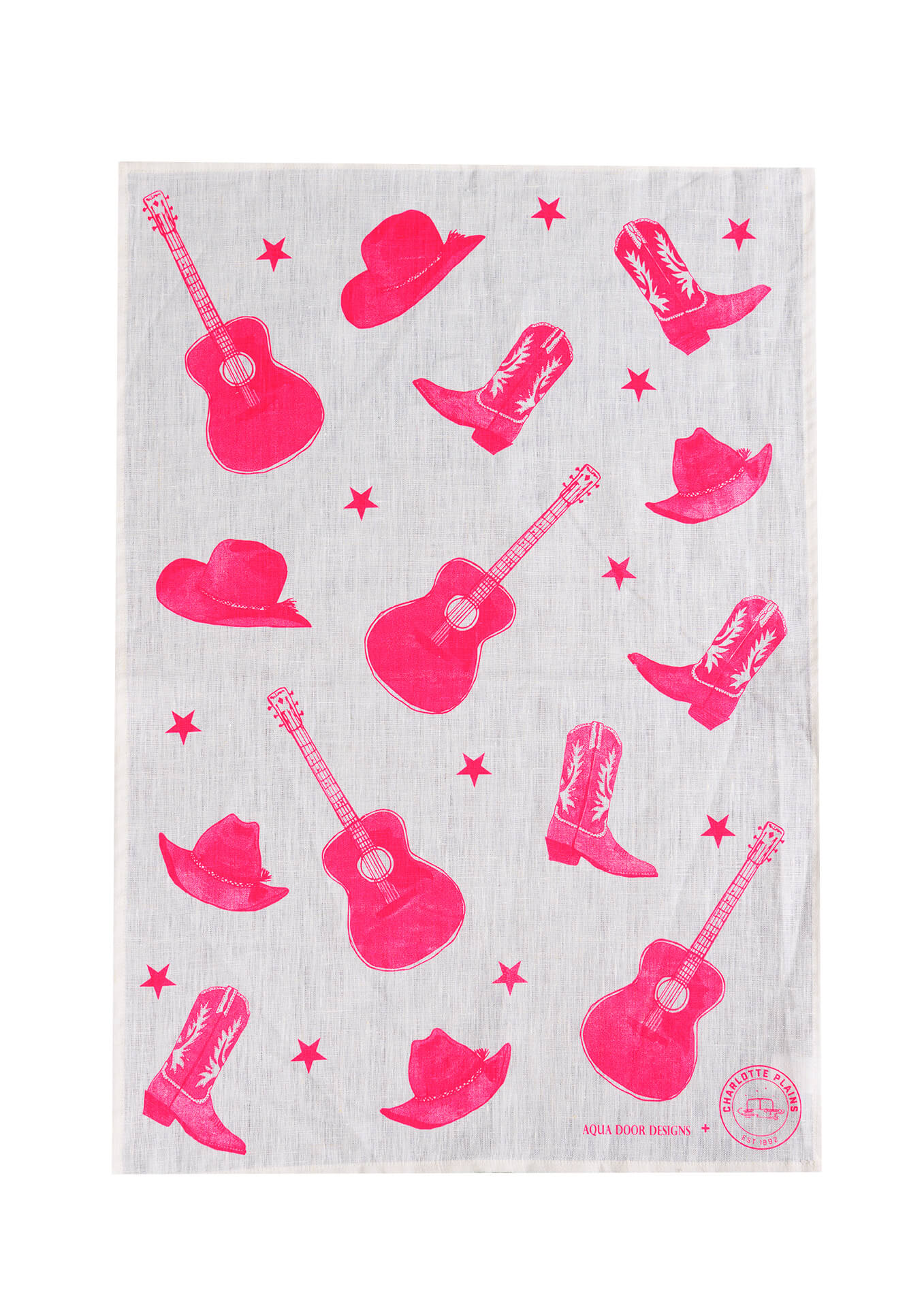 Neon Pink Stars + Guitars linen tea towel (Natural and off-white)