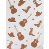 Brown Stars + Guitars linen tea towel (Natural and off-white)