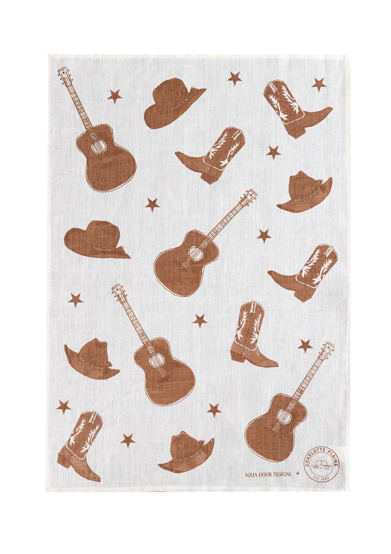 Brown Stars + Guitars linen tea towel (Natural and off-white)